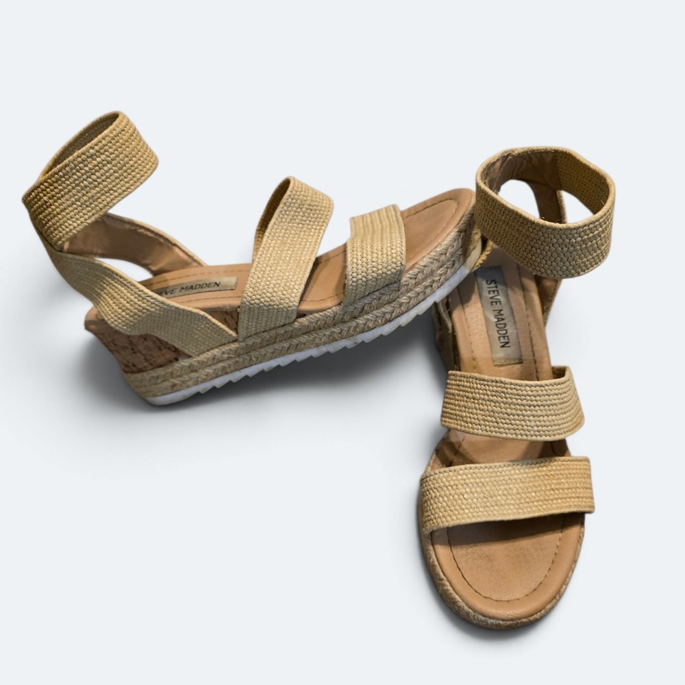 Steve Madden Bandi Elastic Strap Espadrille Cork Wedge Sandals Womens Size 6.5